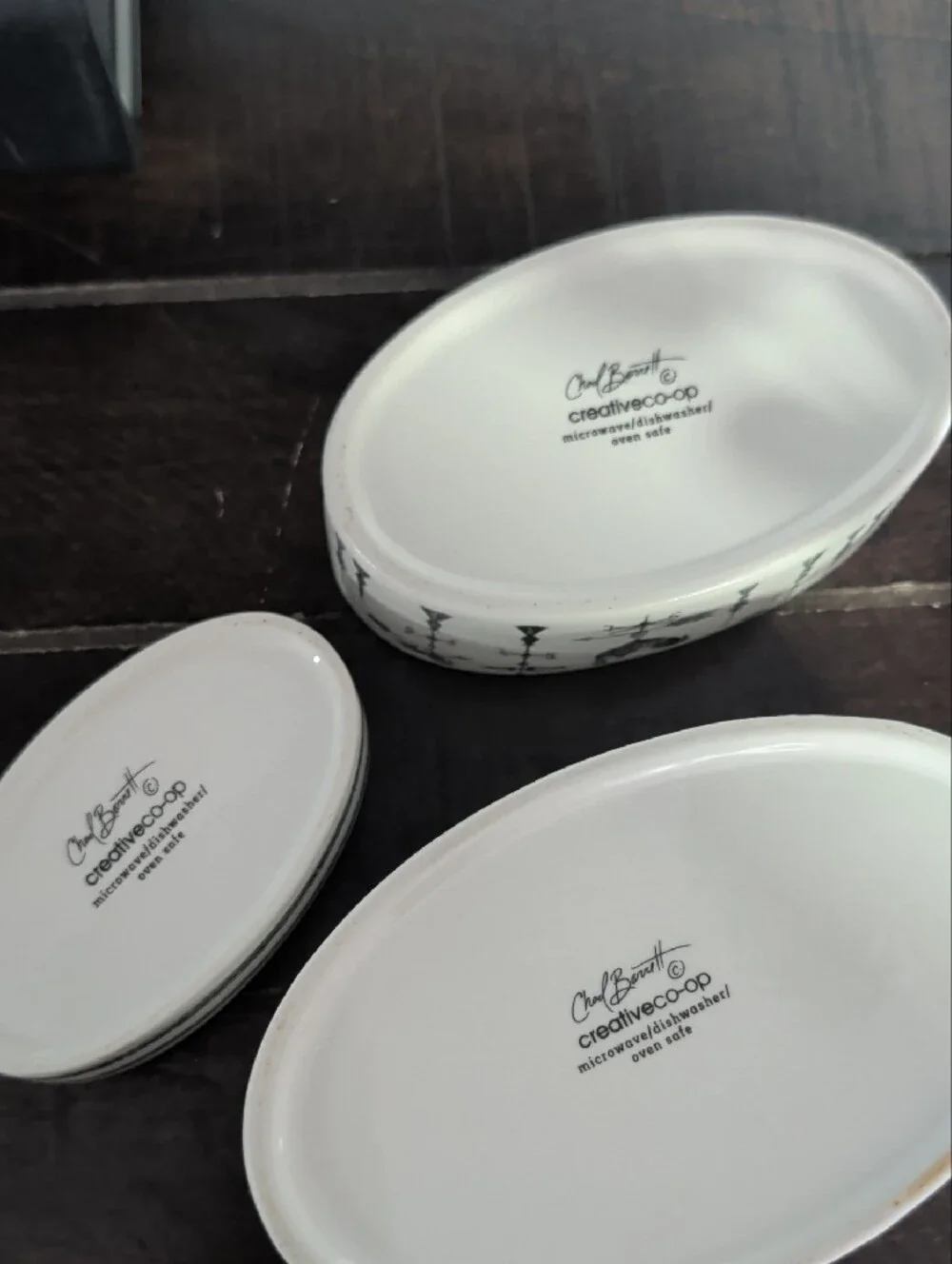 Creative Co-Op White Ceramic Nesting Oval Dishes with Black Animal Sketches